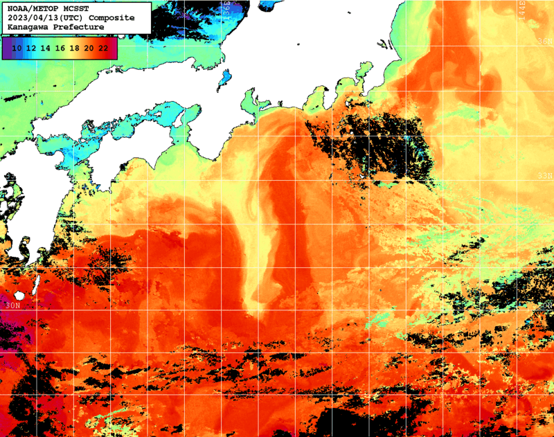 NOAA、MetOp 人工衛星画像 検索結果, 水温分布を図示