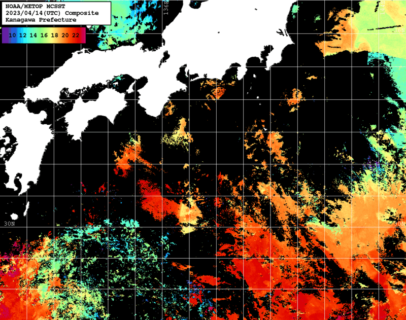 NOAA、MetOp 人工衛星画像 検索結果, 水温分布を図示