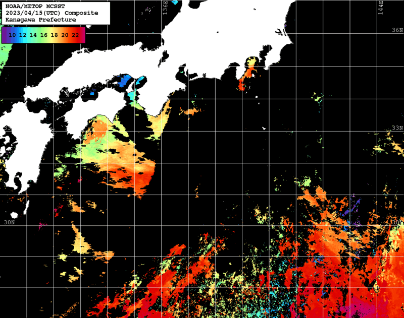NOAA、MetOp 人工衛星画像 検索結果, 水温分布を図示