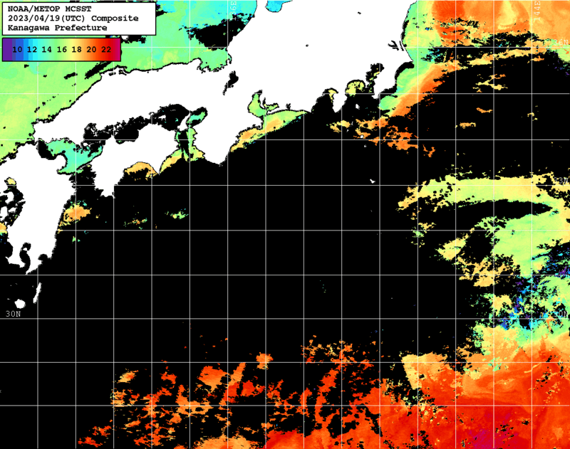 NOAA、MetOp 人工衛星画像 検索結果, 水温分布を図示