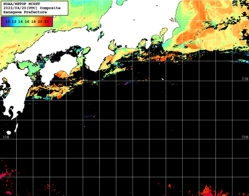 NOAA、MetOp 人工衛星画像 検索結果, 水温分布を図示