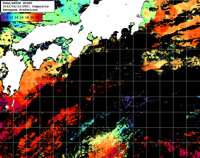 NOAA、MetOp 人工衛星画像 検索結果, 水温分布を図示