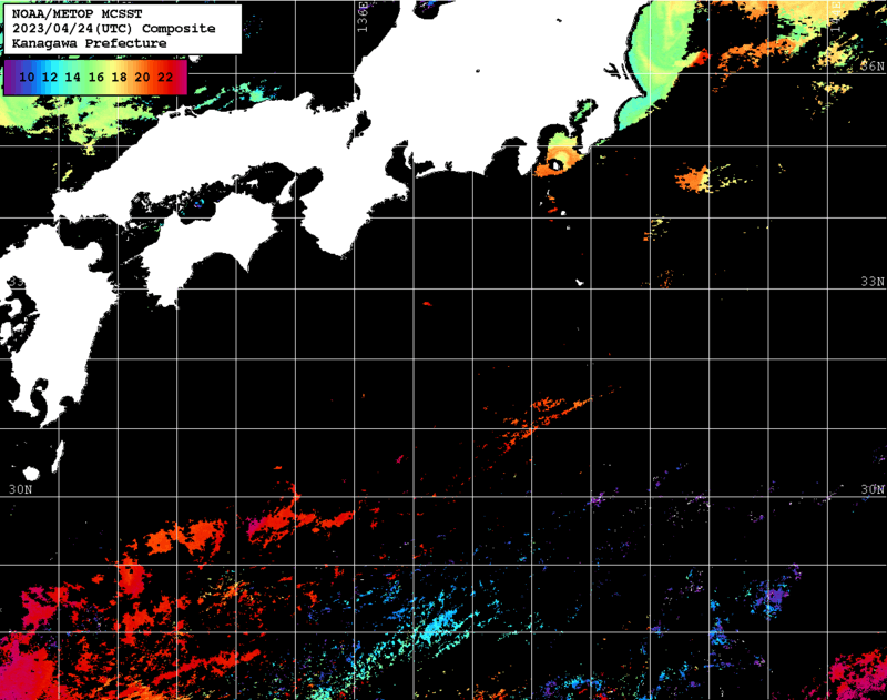 NOAA、MetOp 人工衛星画像 検索結果, 水温分布を図示