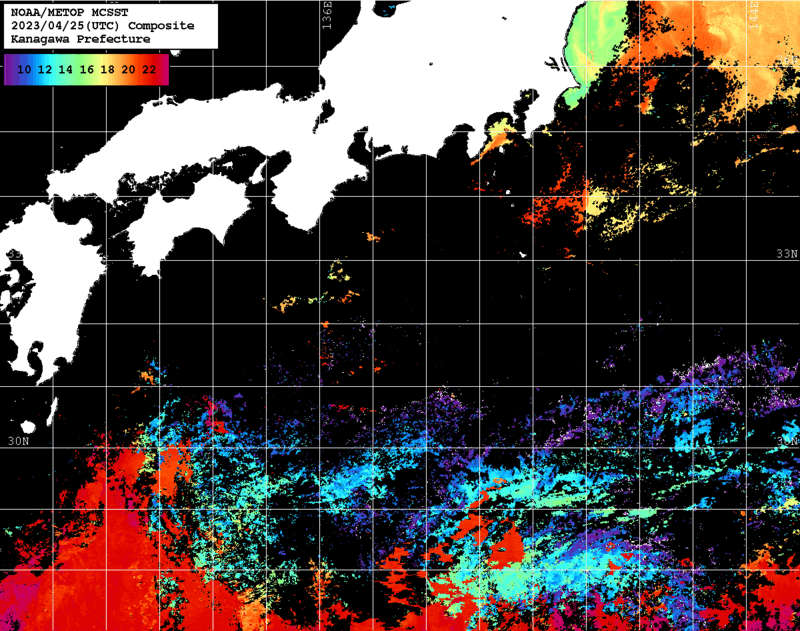 NOAA、MetOp 人工衛星画像 検索結果, 水温分布を図示