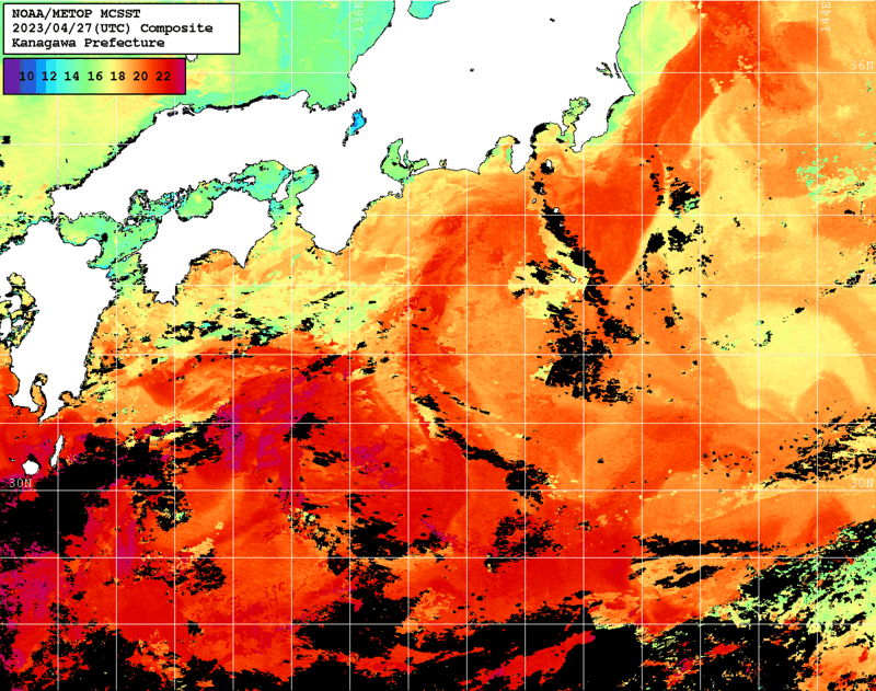 NOAA、MetOp 人工衛星画像 検索結果, 水温分布を図示