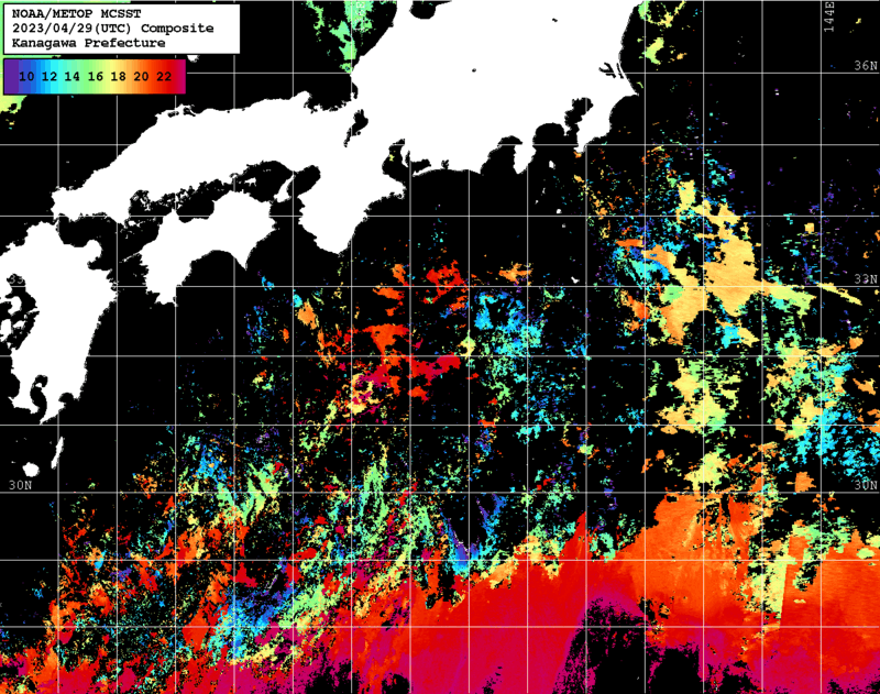 NOAA、MetOp 人工衛星画像 検索結果, 水温分布を図示