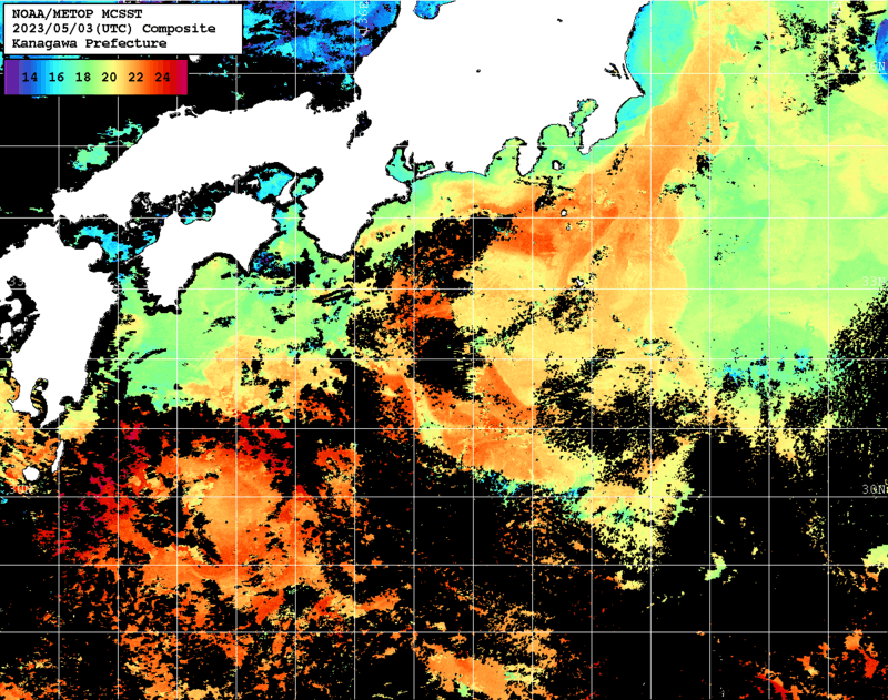 NOAA、MetOp 人工衛星画像 検索結果, 水温分布を図示
