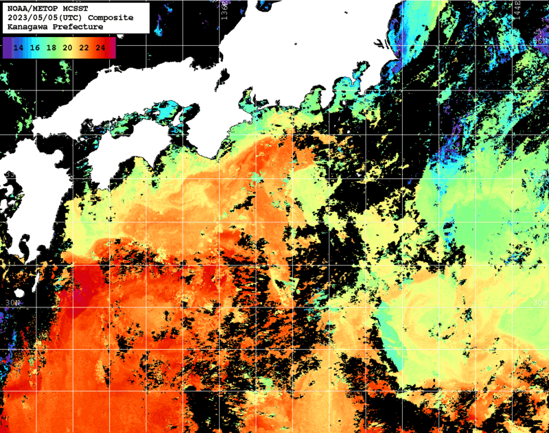 NOAA、MetOp 人工衛星画像 検索結果, 水温分布を図示