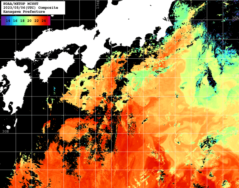 NOAA、MetOp 人工衛星画像 検索結果, 水温分布を図示
