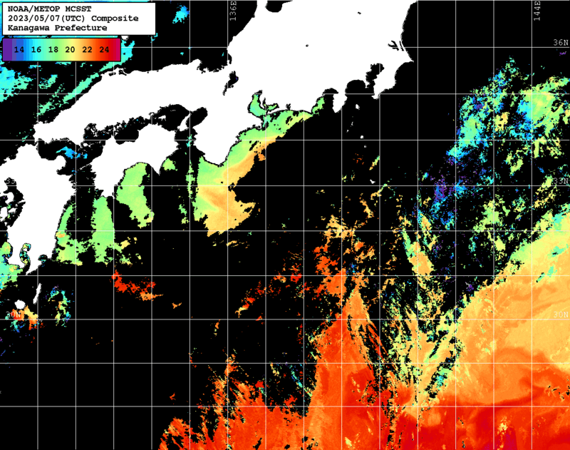 NOAA、MetOp 人工衛星画像 検索結果, 水温分布を図示