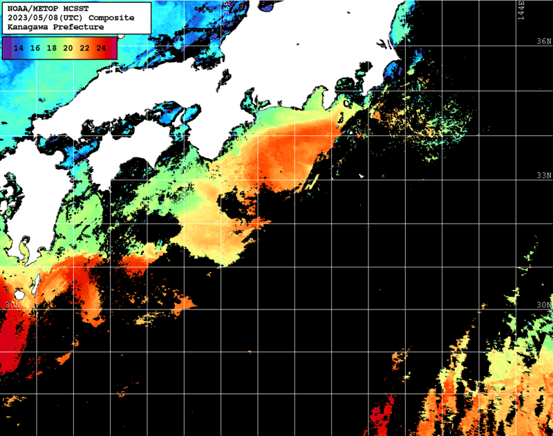 NOAA、MetOp 人工衛星画像 検索結果, 水温分布を図示