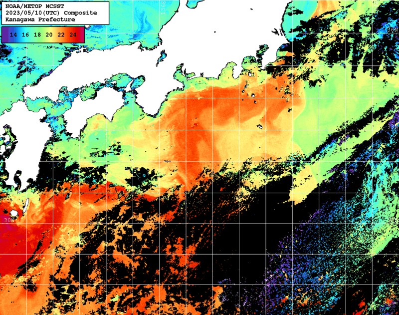 NOAA、MetOp 人工衛星画像 検索結果, 水温分布を図示