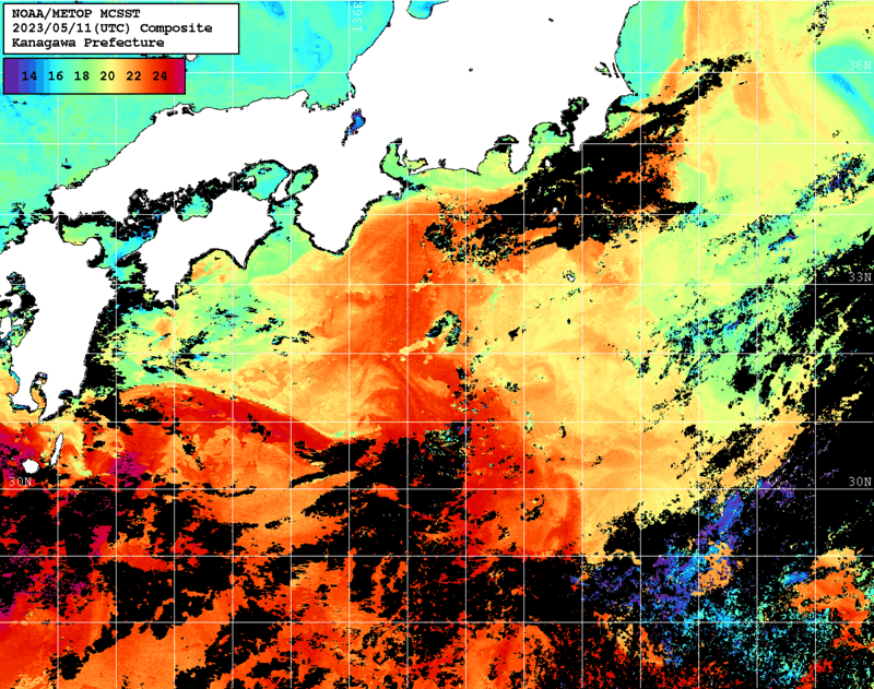 NOAA、MetOp 人工衛星画像 検索結果, 水温分布を図示