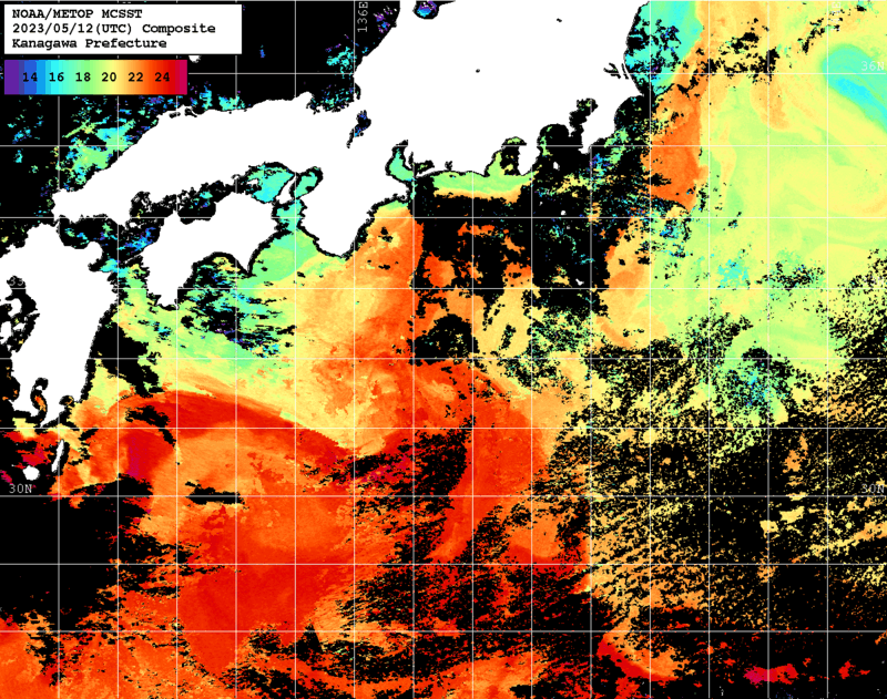 NOAA、MetOp 人工衛星画像 検索結果, 水温分布を図示