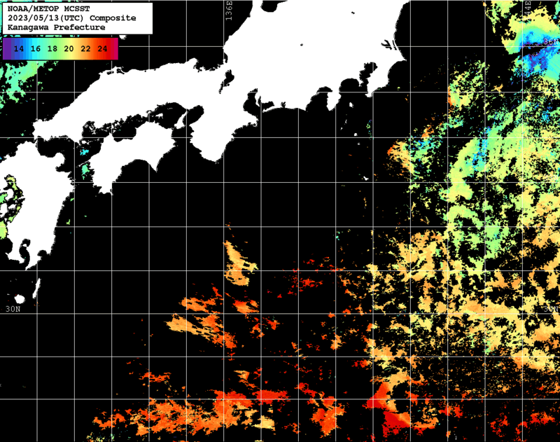 NOAA、MetOp 人工衛星画像 検索結果, 水温分布を図示