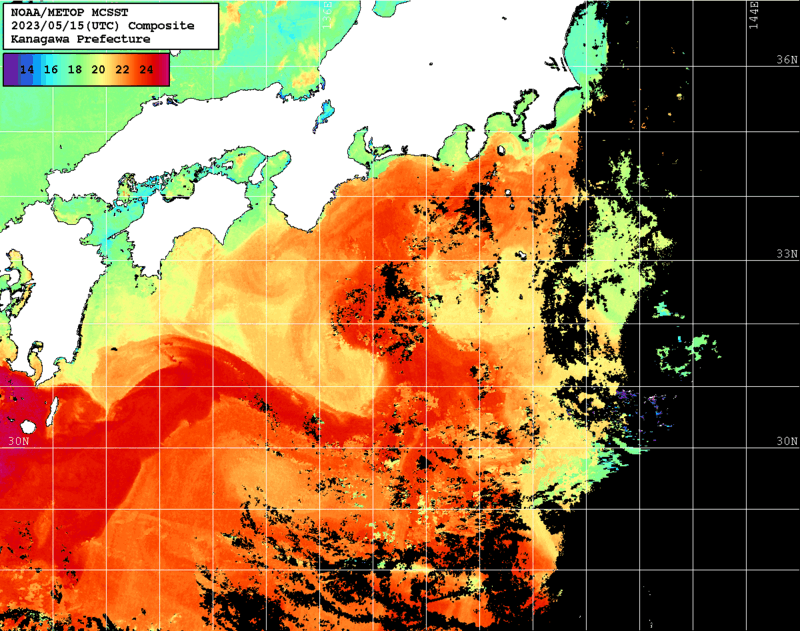 NOAA、MetOp 人工衛星画像 検索結果, 水温分布を図示