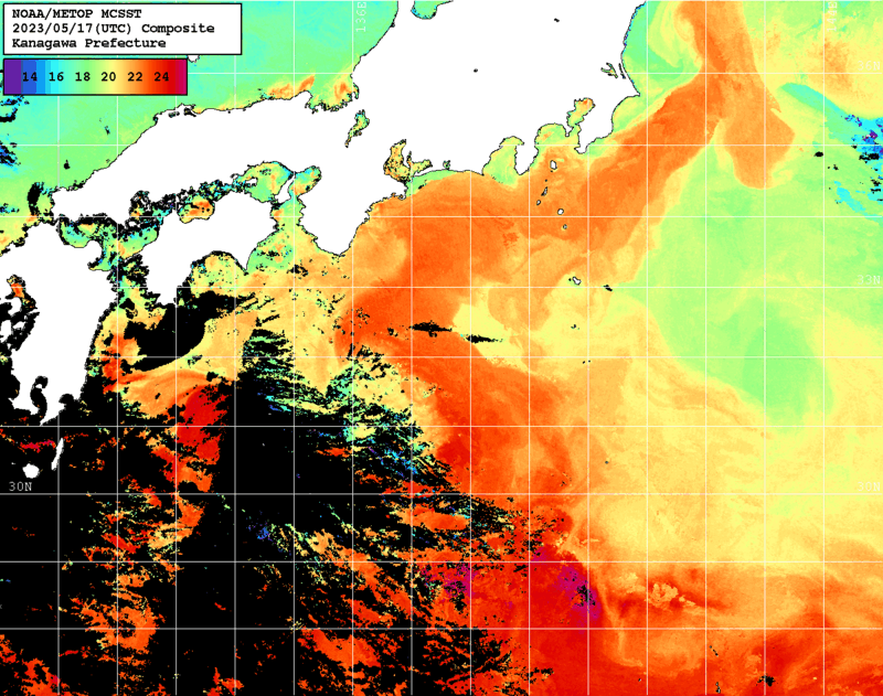 NOAA、MetOp 人工衛星画像 検索結果, 水温分布を図示
