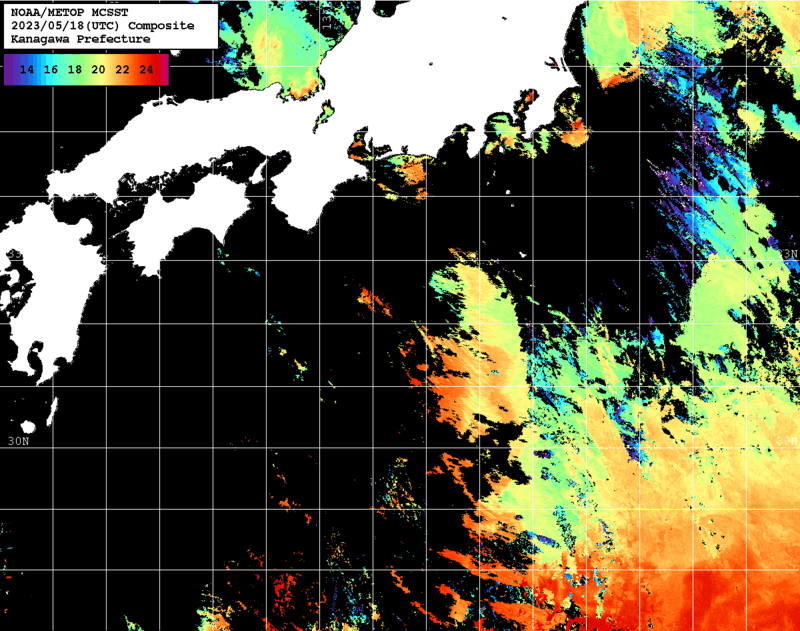 NOAA、MetOp 人工衛星画像 検索結果, 水温分布を図示