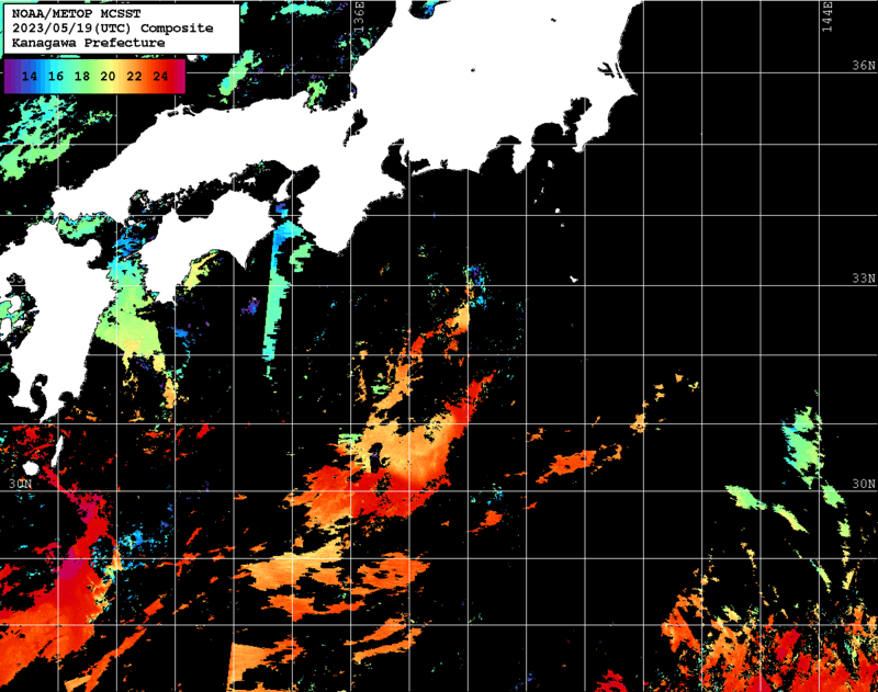 NOAA、MetOp 人工衛星画像 検索結果, 水温分布を図示