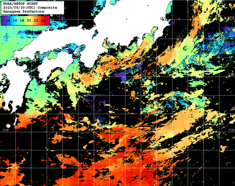 NOAA、MetOp 人工衛星画像 検索結果, 水温分布を図示