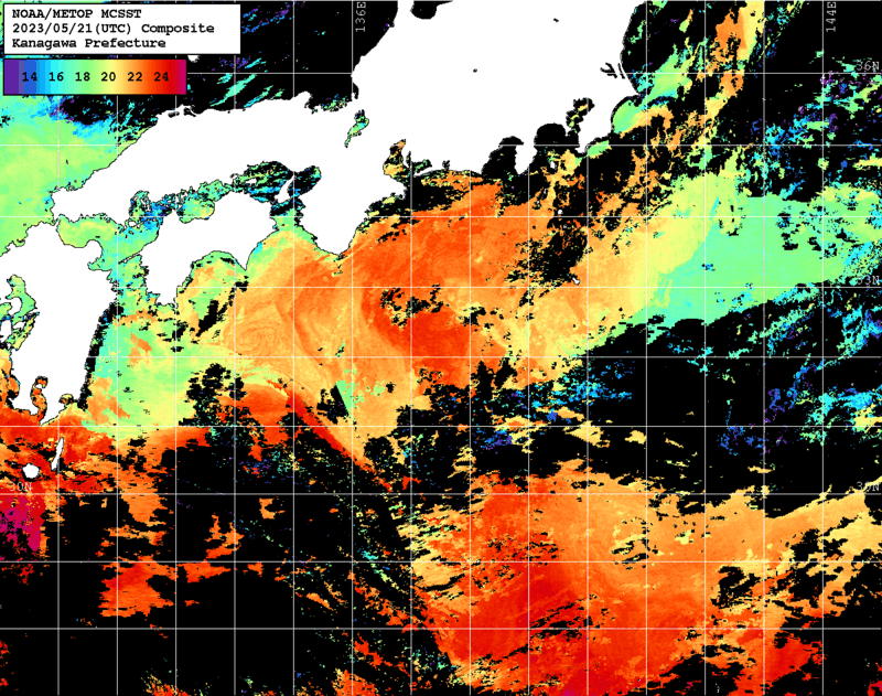 NOAA、MetOp 人工衛星画像 検索結果, 水温分布を図示