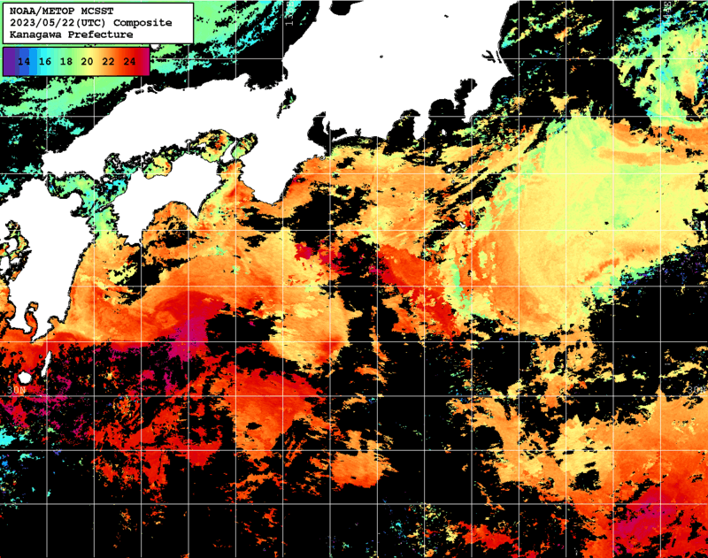 NOAA、MetOp 人工衛星画像 検索結果, 水温分布を図示