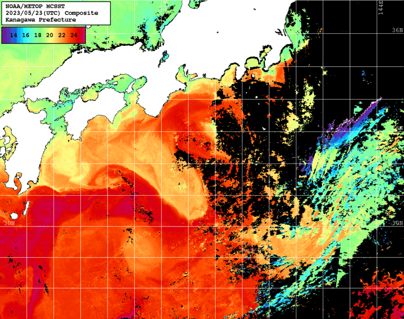 NOAA、MetOp 人工衛星画像 検索結果, 水温分布を図示