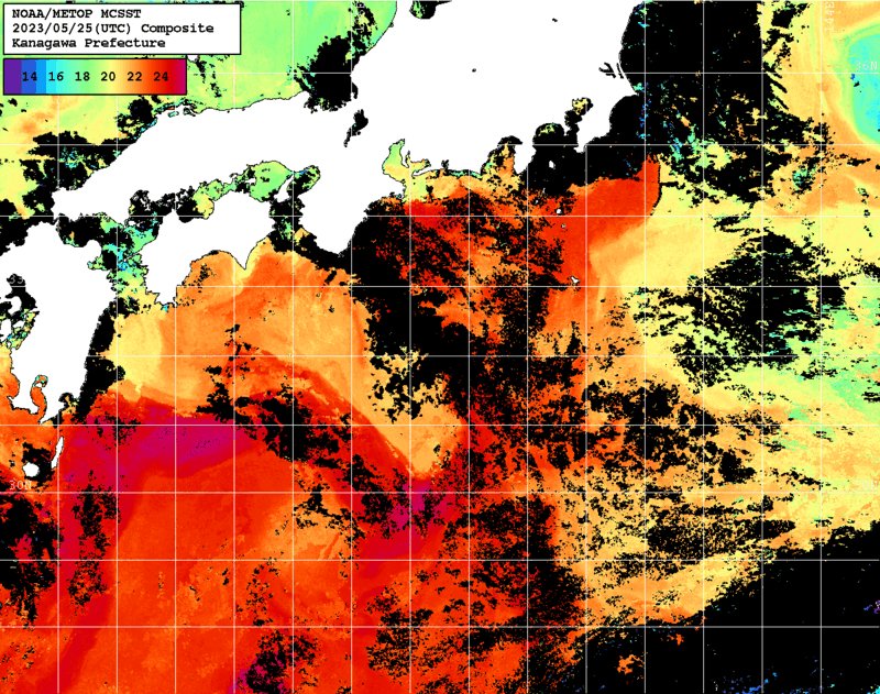 NOAA、MetOp 人工衛星画像 検索結果, 水温分布を図示