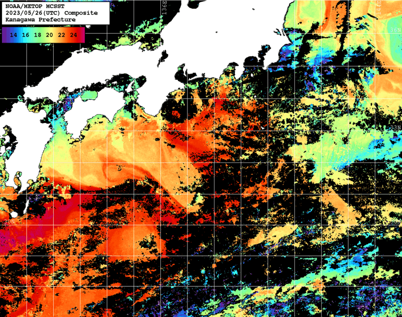 NOAA、MetOp 人工衛星画像 検索結果, 水温分布を図示