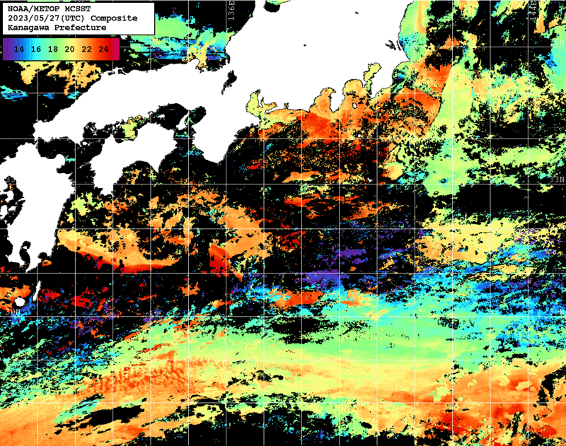 NOAA、MetOp 人工衛星画像 検索結果, 水温分布を図示