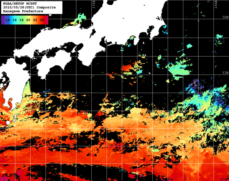 NOAA、MetOp 人工衛星画像 検索結果, 水温分布を図示