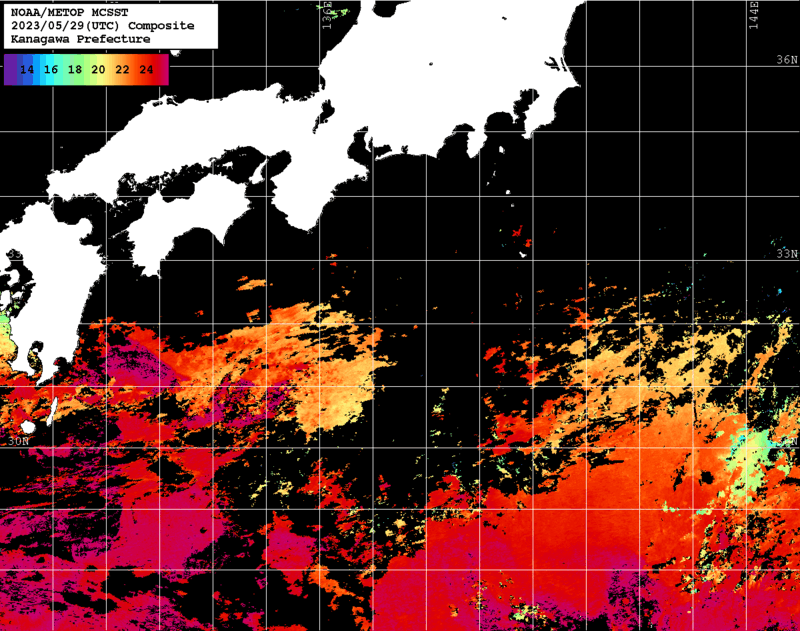 NOAA、MetOp 人工衛星画像 検索結果, 水温分布を図示