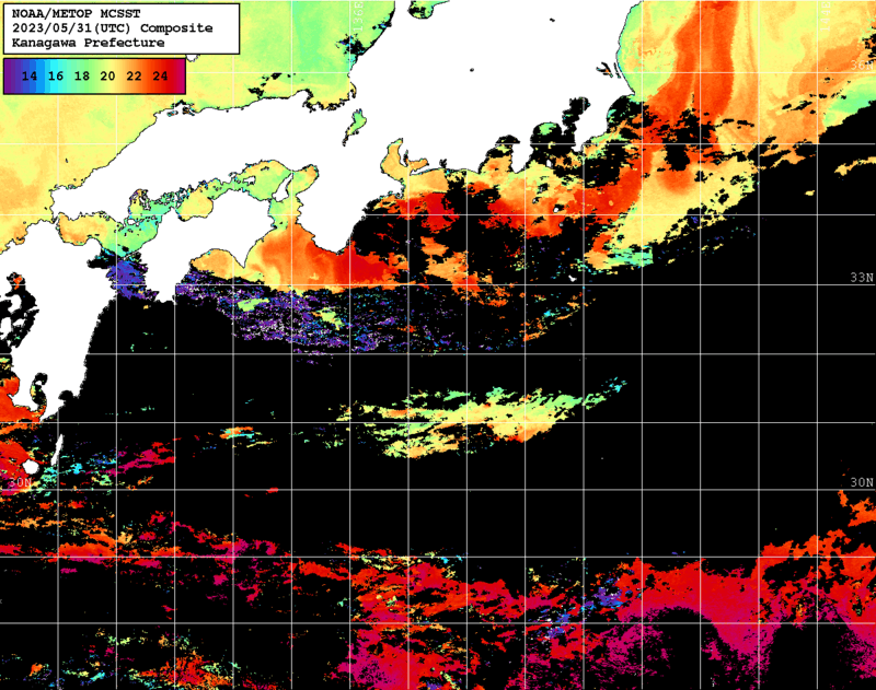 NOAA、MetOp 人工衛星画像 検索結果, 水温分布を図示