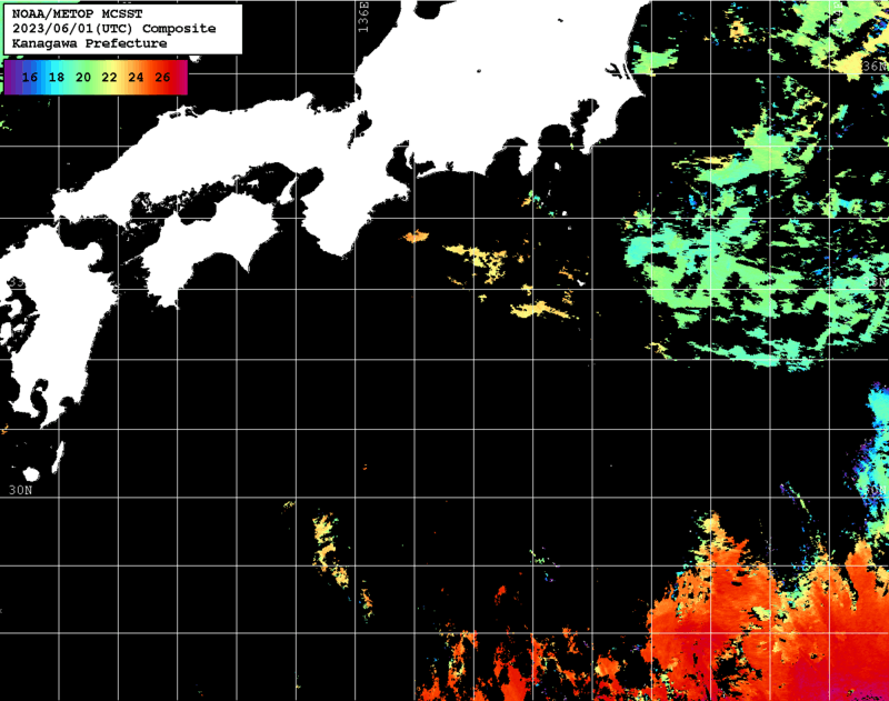 NOAA、MetOp 人工衛星画像 検索結果, 水温分布を図示