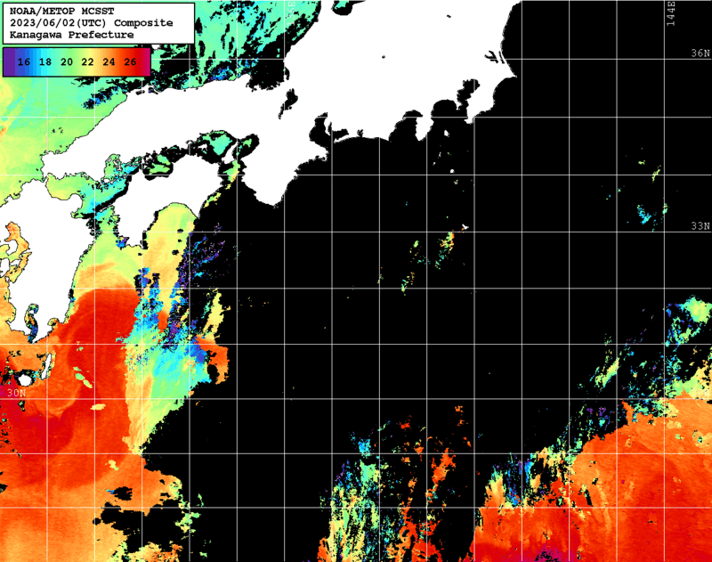 NOAA、MetOp 人工衛星画像 検索結果, 水温分布を図示