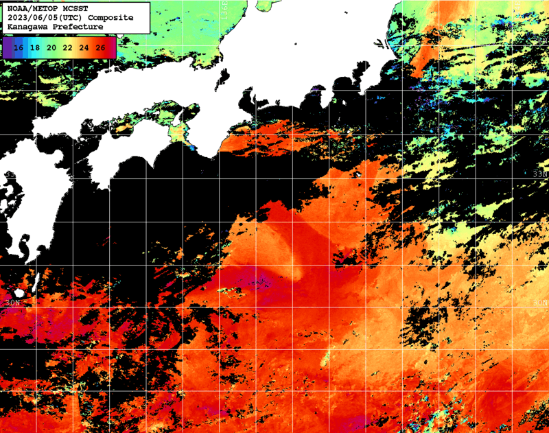 NOAA、MetOp 人工衛星画像 検索結果, 水温分布を図示