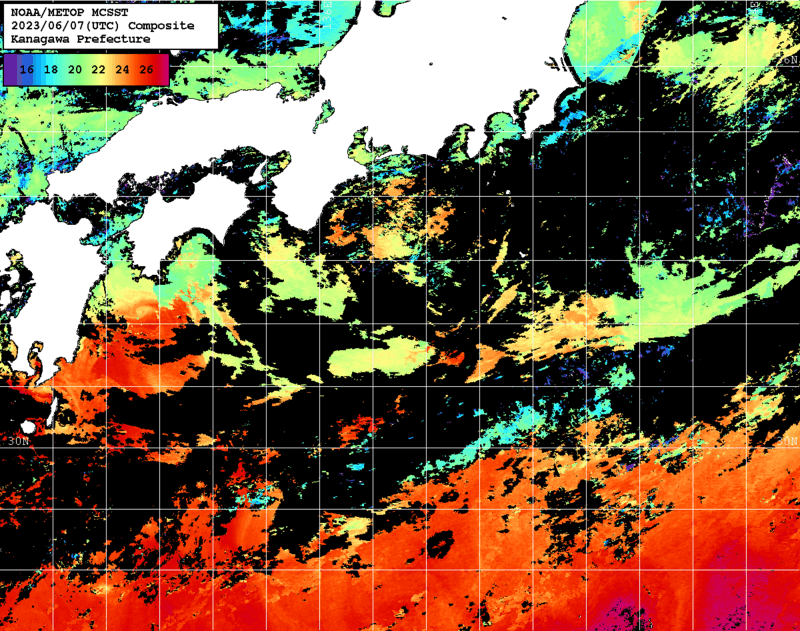 NOAA、MetOp 人工衛星画像 検索結果, 水温分布を図示