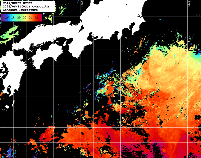 NOAA、MetOp 人工衛星画像 検索結果, 水温分布を図示