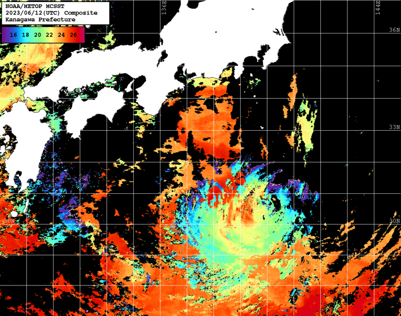 NOAA、MetOp 人工衛星画像 検索結果, 水温分布を図示