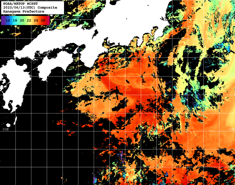 NOAA、MetOp 人工衛星画像 検索結果, 水温分布を図示