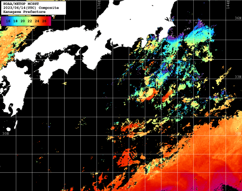 NOAA、MetOp 人工衛星画像 検索結果, 水温分布を図示