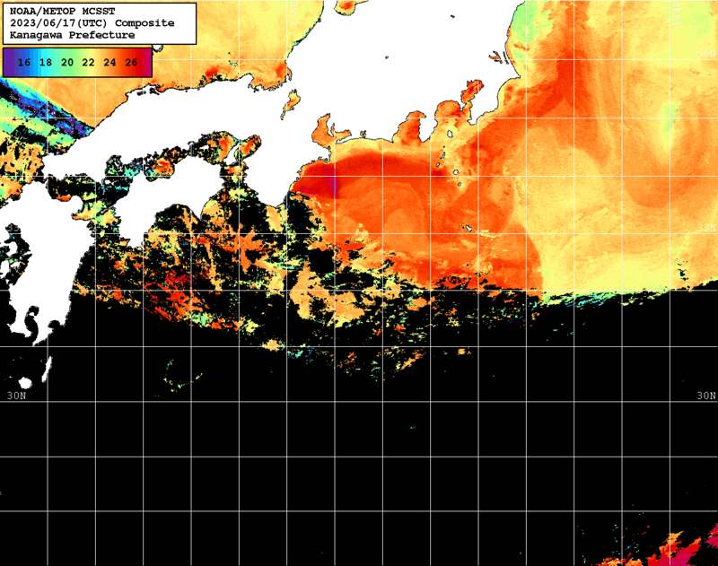 NOAA、MetOp 人工衛星画像 検索結果, 水温分布を図示