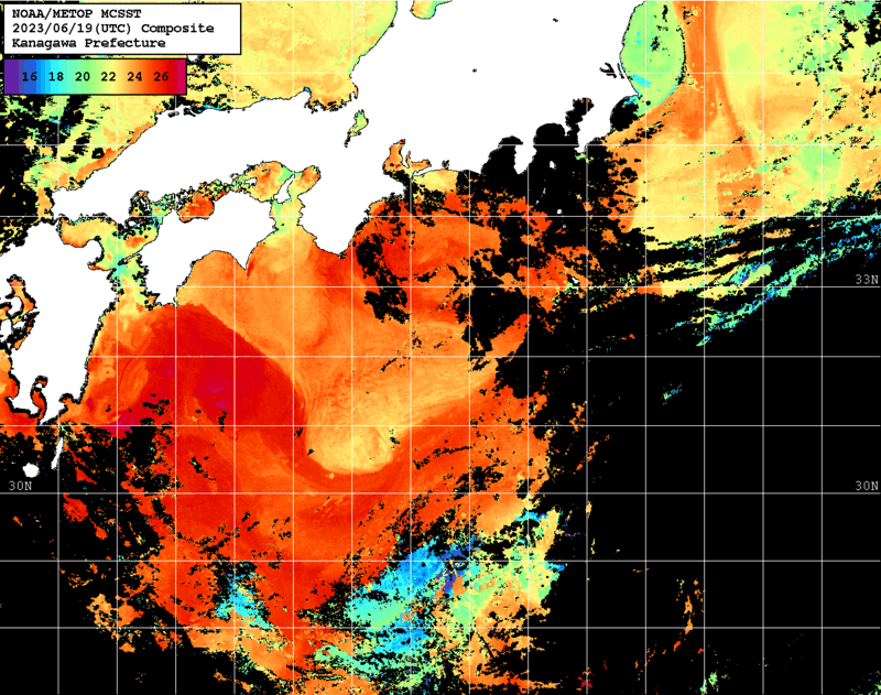 NOAA、MetOp 人工衛星画像 検索結果, 水温分布を図示