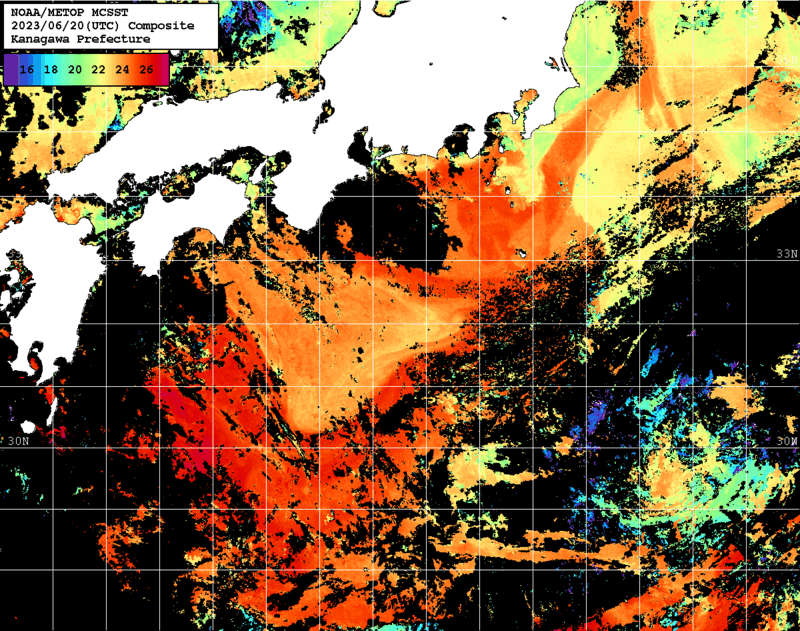 NOAA、MetOp 人工衛星画像 検索結果, 水温分布を図示