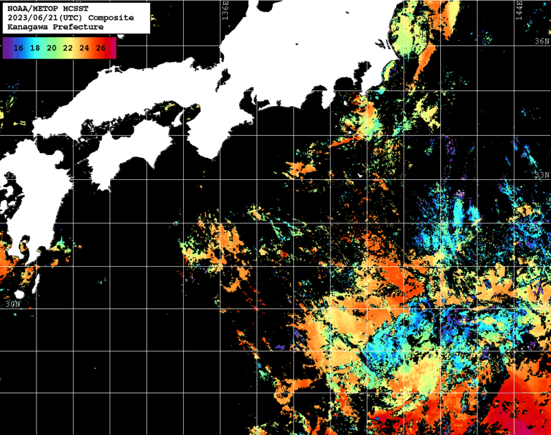 NOAA、MetOp 人工衛星画像 検索結果, 水温分布を図示
