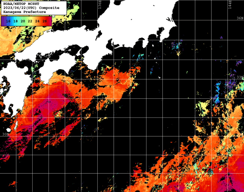 NOAA、MetOp 人工衛星画像 検索結果, 水温分布を図示