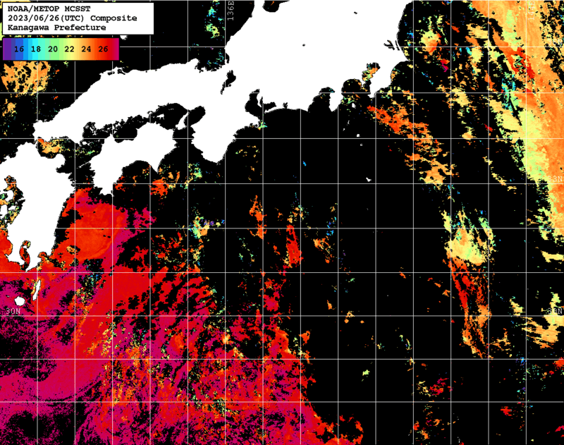 NOAA、MetOp 人工衛星画像 検索結果, 水温分布を図示