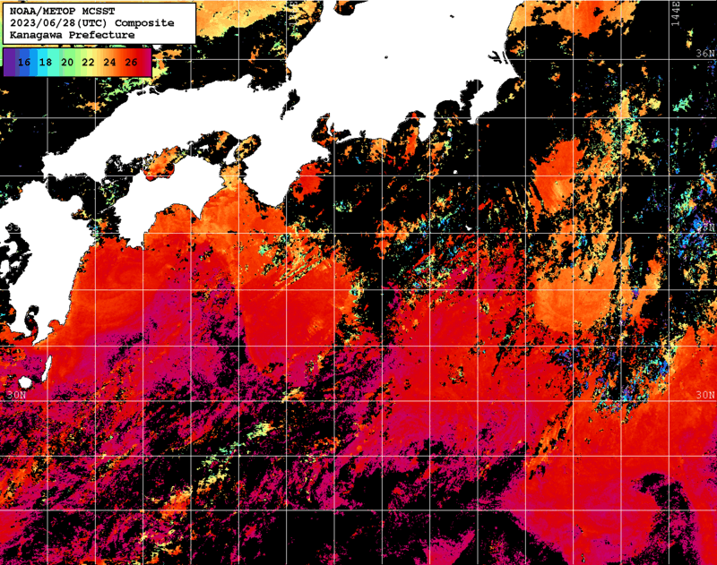 NOAA、MetOp 人工衛星画像 検索結果, 水温分布を図示
