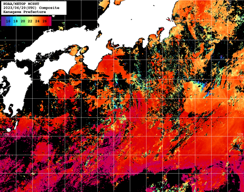 NOAA、MetOp 人工衛星画像 検索結果, 水温分布を図示