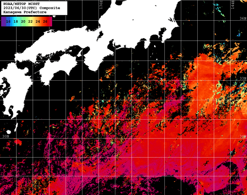 NOAA、MetOp 人工衛星画像 検索結果, 水温分布を図示